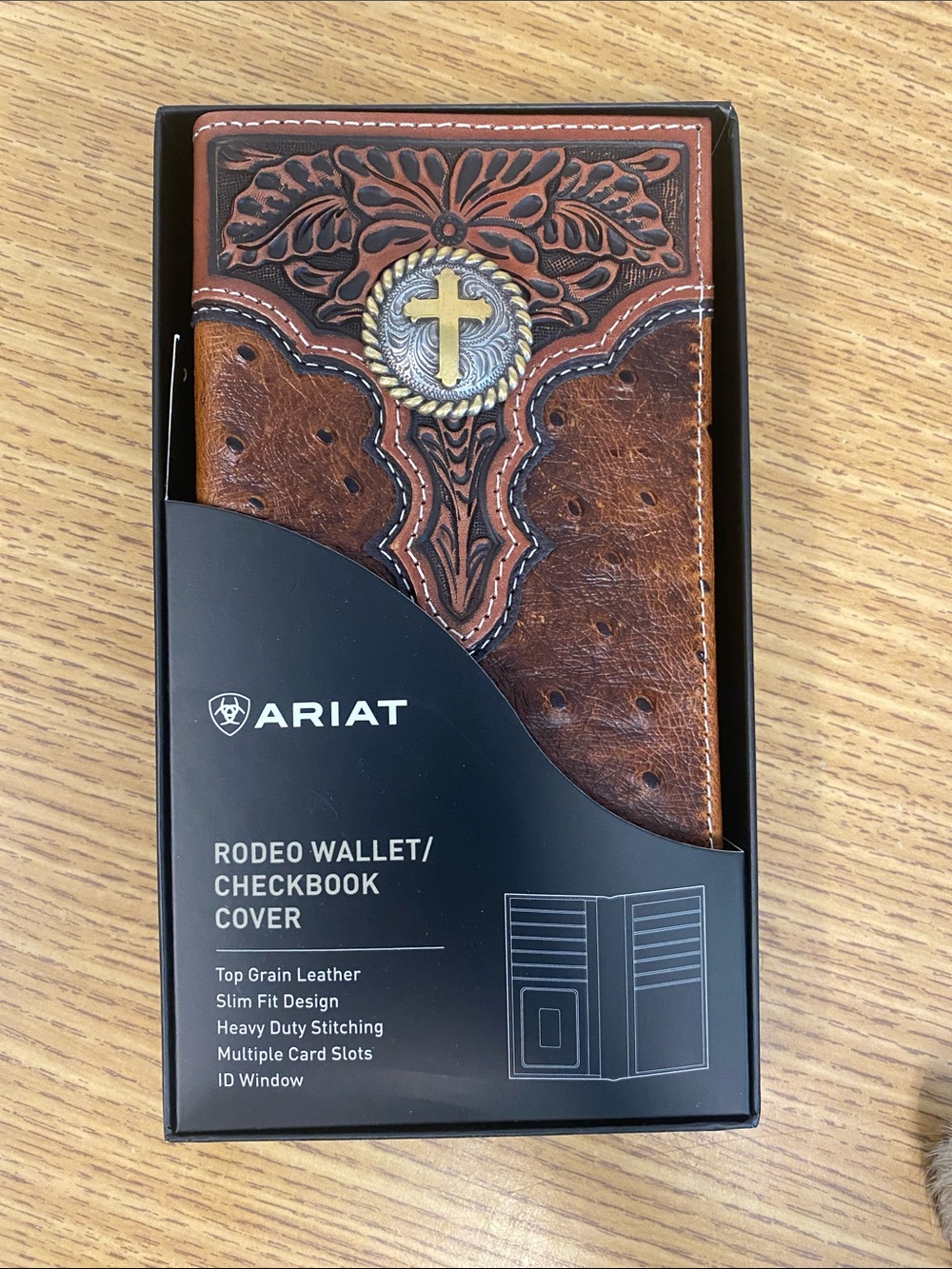 Ariat Brown Western Leather Wallet with Gold Cross Concho